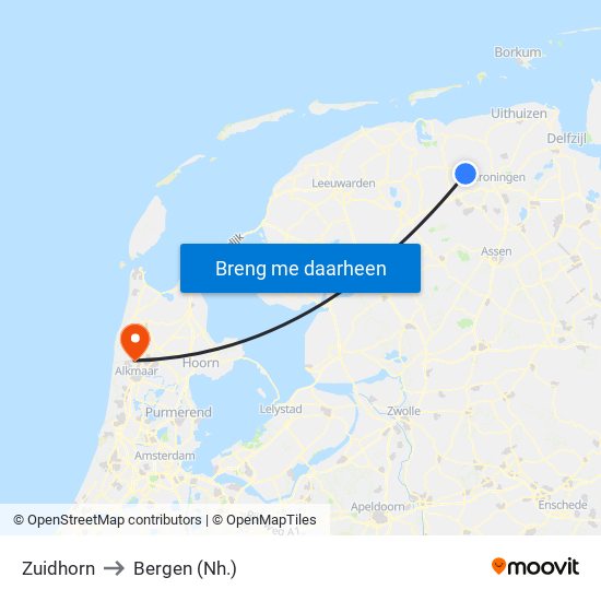 Zuidhorn to Bergen (Nh.) map