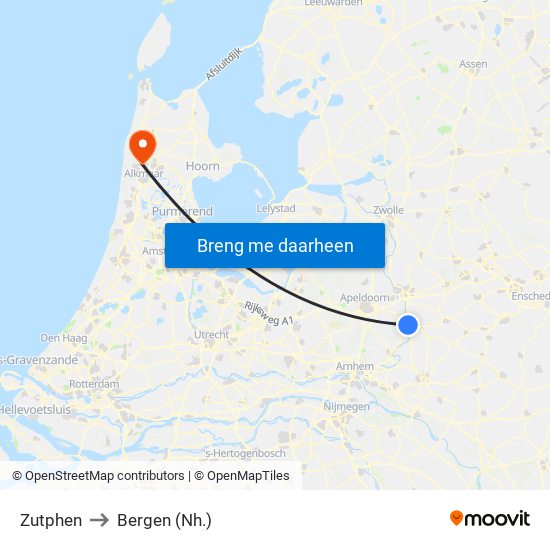 Zutphen to Bergen (Nh.) map