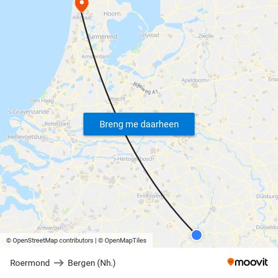Roermond to Bergen (Nh.) map