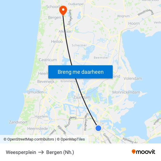 Weesperplein to Bergen (Nh.) map