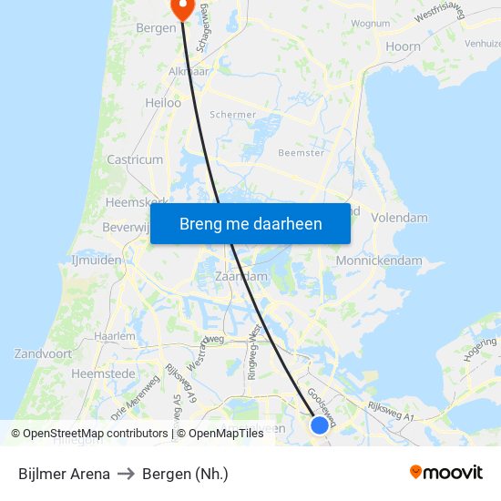 Bijlmer Arena to Bergen (Nh.) map