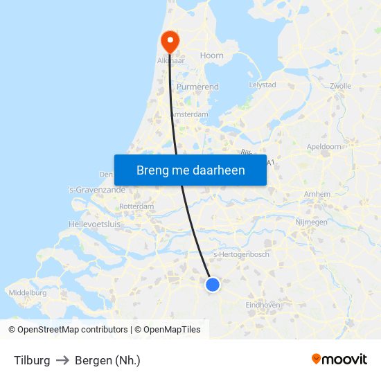 Tilburg to Bergen (Nh.) map