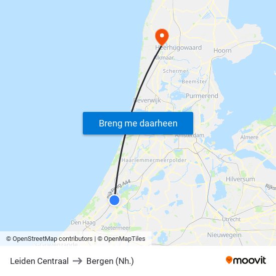 Leiden Centraal to Bergen (Nh.) map