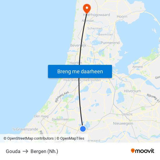 Gouda to Bergen (Nh.) map