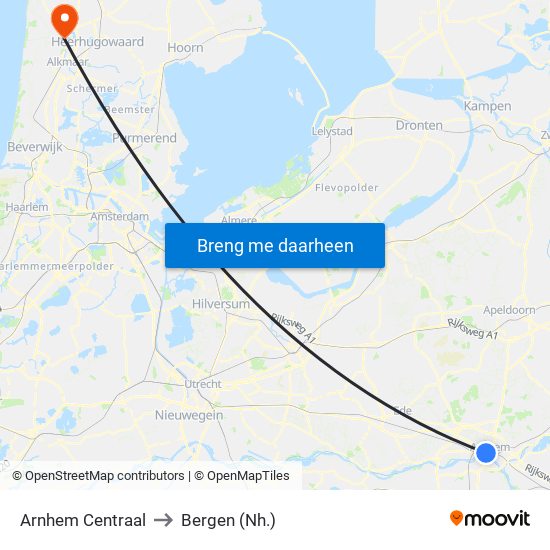 Arnhem Centraal to Bergen (Nh.) map