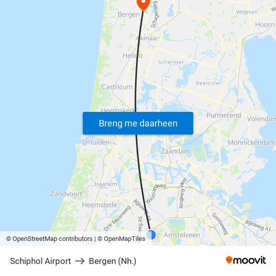 Schiphol Airport to Bergen (Nh.) map