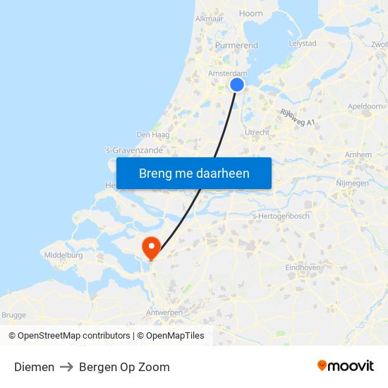 Diemen to Bergen Op Zoom map