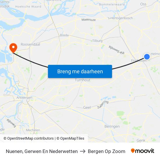 Nuenen, Gerwen En Nederwetten to Bergen Op Zoom map