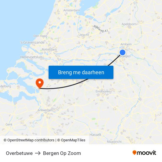 Overbetuwe to Bergen Op Zoom map