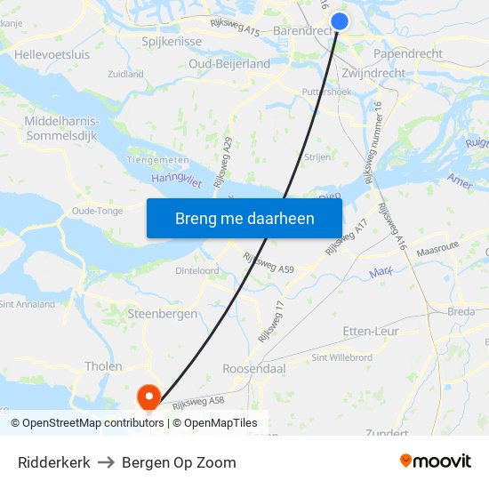 Ridderkerk to Bergen Op Zoom map