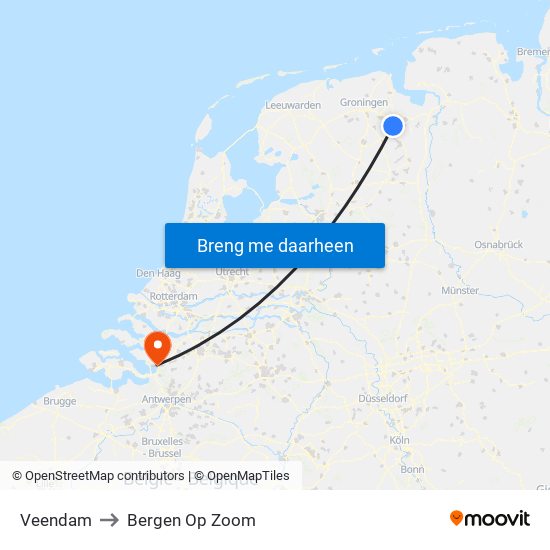 Veendam to Bergen Op Zoom map