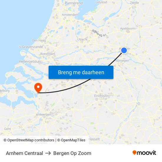 Arnhem Centraal to Bergen Op Zoom map