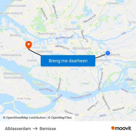 Alblasserdam to Bernisse map
