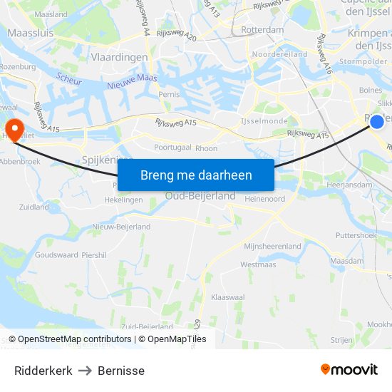 Ridderkerk to Bernisse map