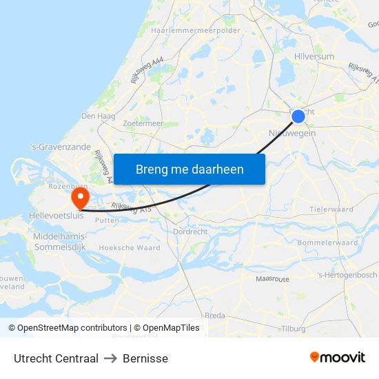 Utrecht Centraal to Bernisse map