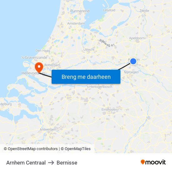 Arnhem Centraal to Bernisse map