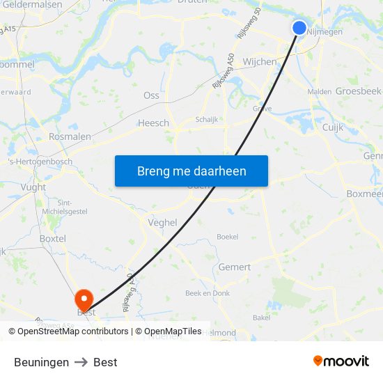 Beuningen to Best map