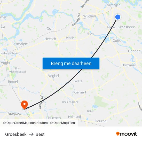 Groesbeek to Best map