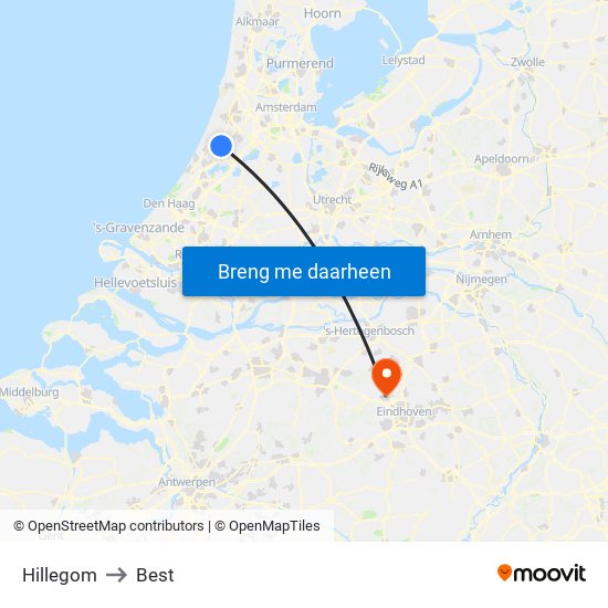 Hillegom to Best map