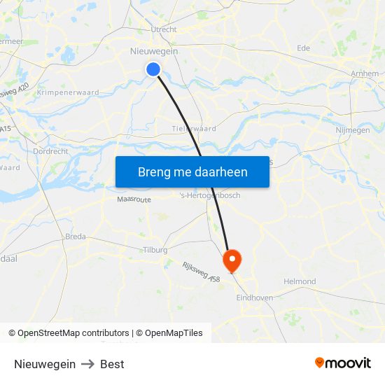 Nieuwegein to Best map
