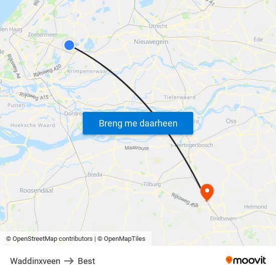 Waddinxveen to Best map