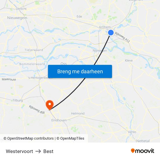 Westervoort to Best map