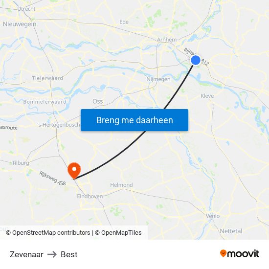 Zevenaar to Best map