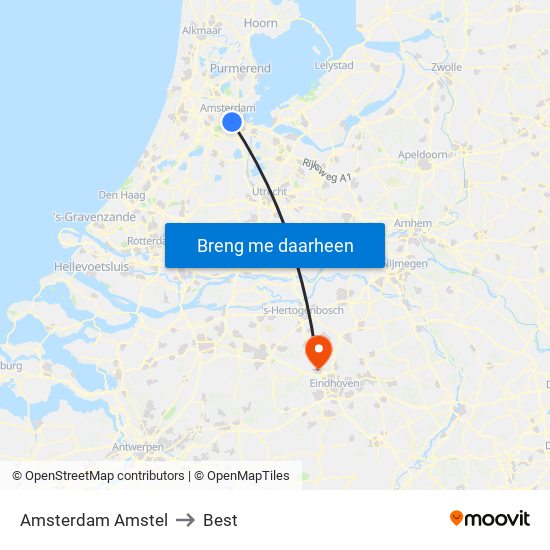 Amsterdam Amstel to Best map