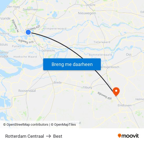 Rotterdam Centraal to Best map