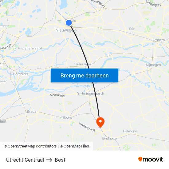 Utrecht Centraal to Best map