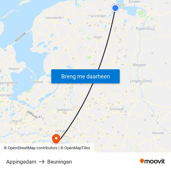 Appingedam to Beuningen map
