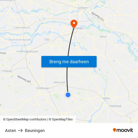 Asten to Beuningen map