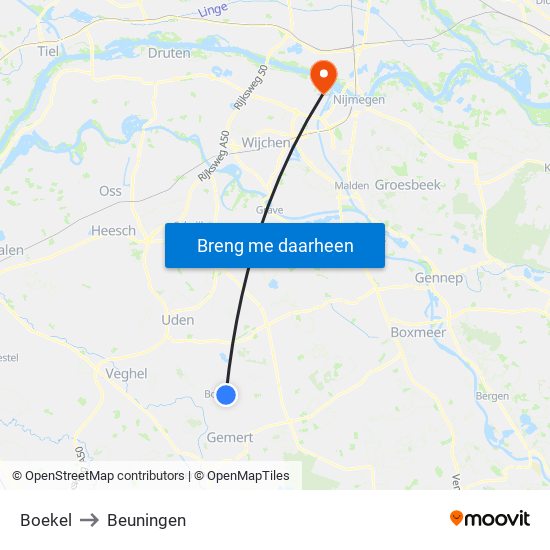 Boekel to Beuningen map