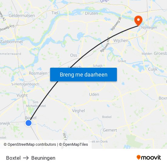 Boxtel to Beuningen map