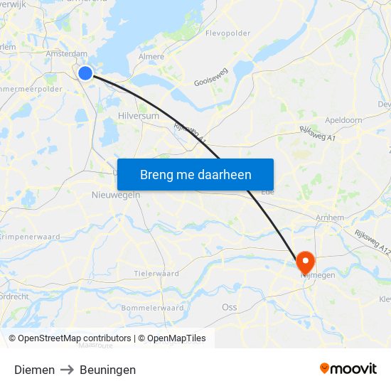 Diemen to Beuningen map