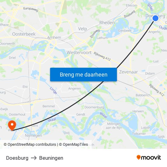 Doesburg to Beuningen map