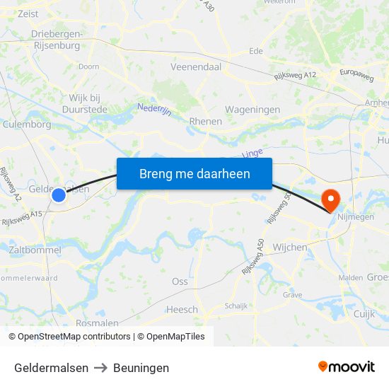 Geldermalsen to Beuningen map