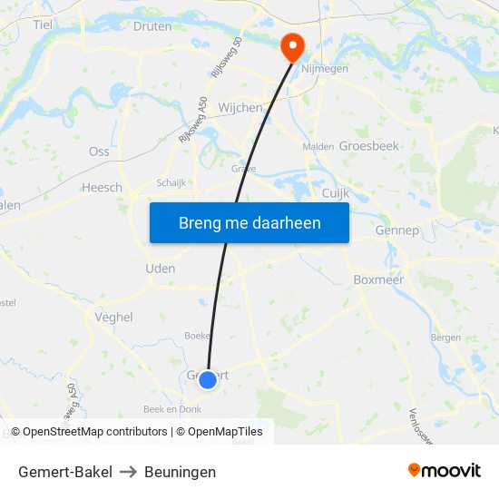 Gemert-Bakel to Beuningen map