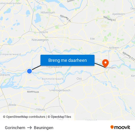Gorinchem to Beuningen map