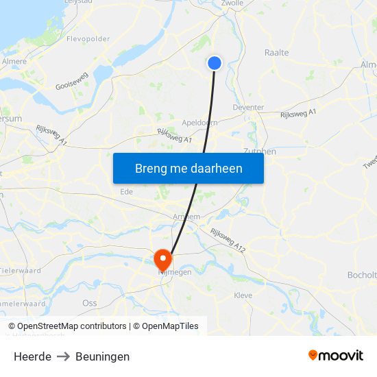 Heerde to Beuningen map