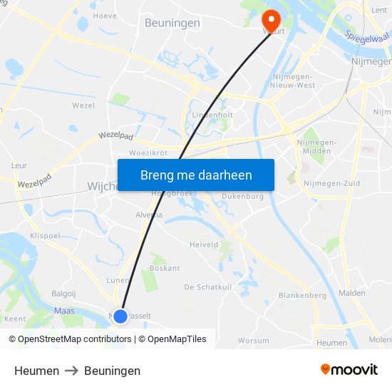 Heumen to Beuningen map