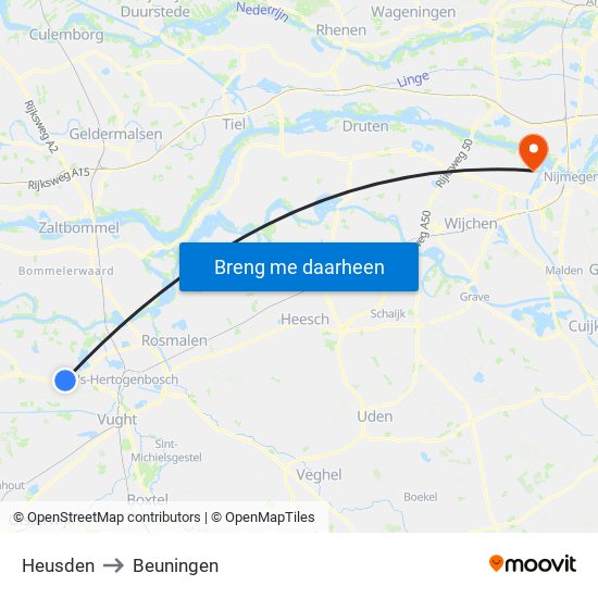 Heusden to Beuningen map
