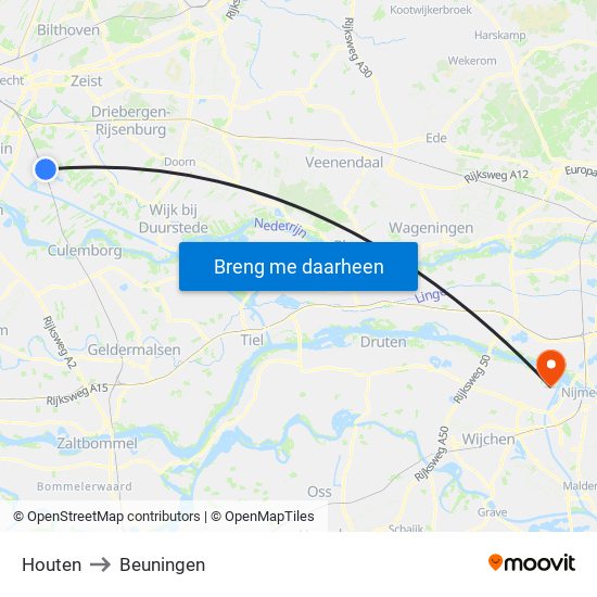 Houten to Beuningen map