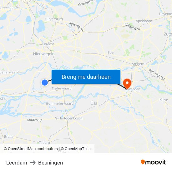 Leerdam to Beuningen map