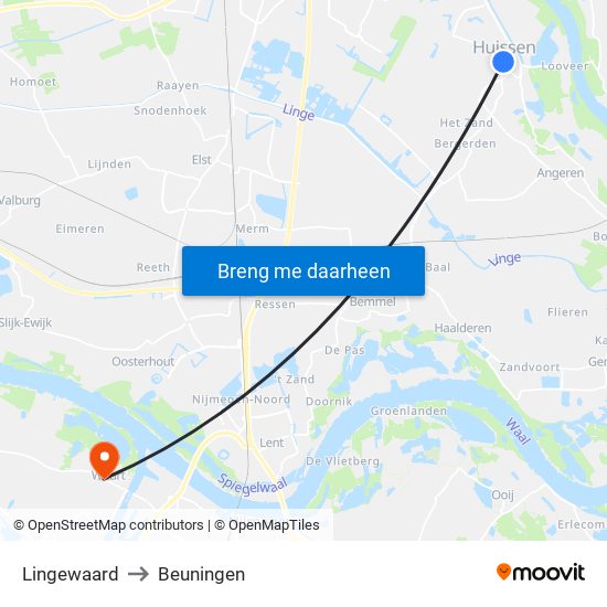 Lingewaard to Beuningen map