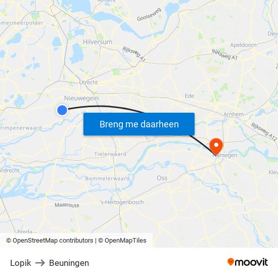 Lopik to Beuningen map