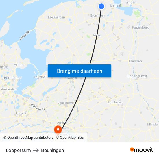 Loppersum to Beuningen map