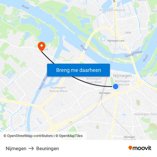 Nijmegen to Beuningen map