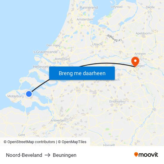 Noord-Beveland to Beuningen map