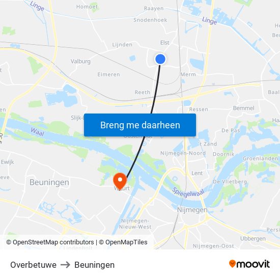 Overbetuwe to Beuningen map